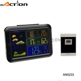 Colorful screen LCD indoor and outdoor RF 433Mhz clock with trend of thermometer